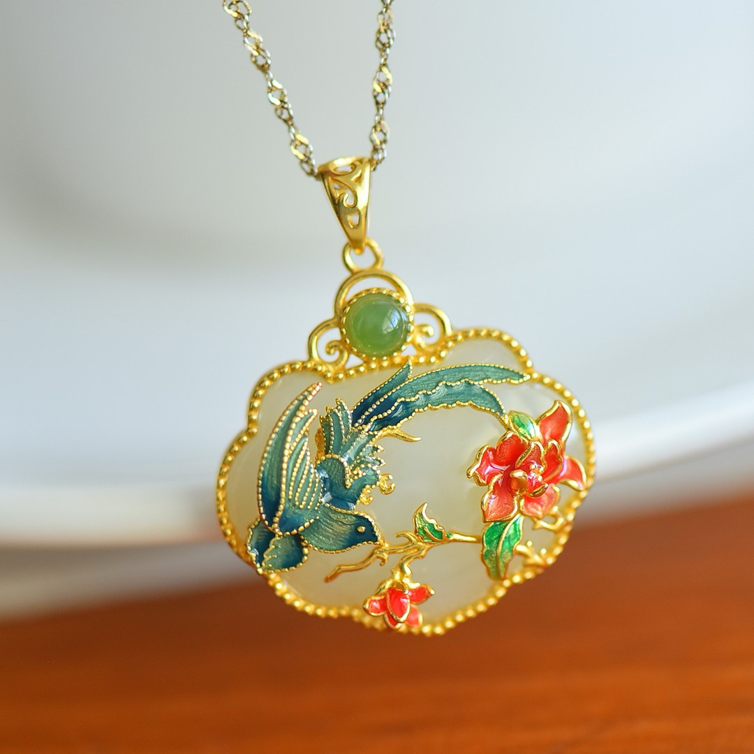 S925银镶嵌天然和田玉如意锁凤凰戏牡丹吊坠4036不含链