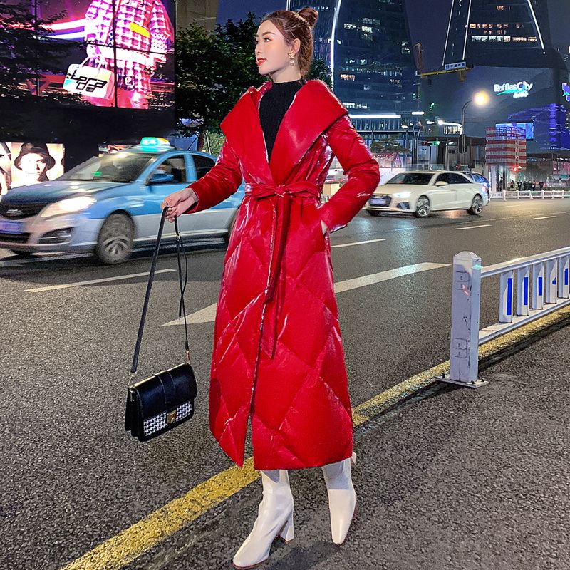 红色长款棉服女气质2023新款过膝连帽加绒衣服冬装大衣外套女大牌