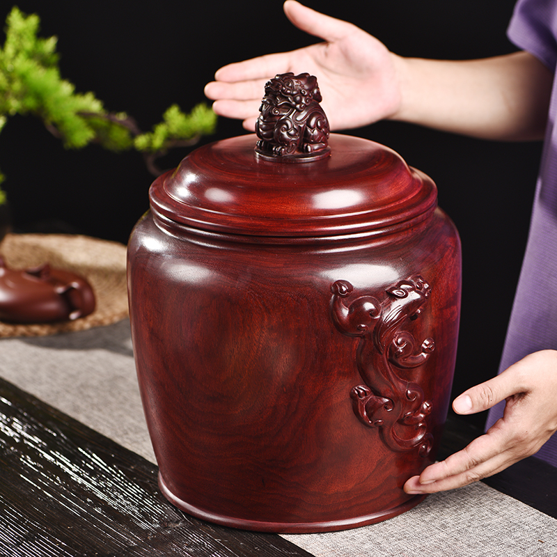 小叶紫檀大号茶叶罐储物零食罐红木整料中式复古雕刻摆件高端礼品