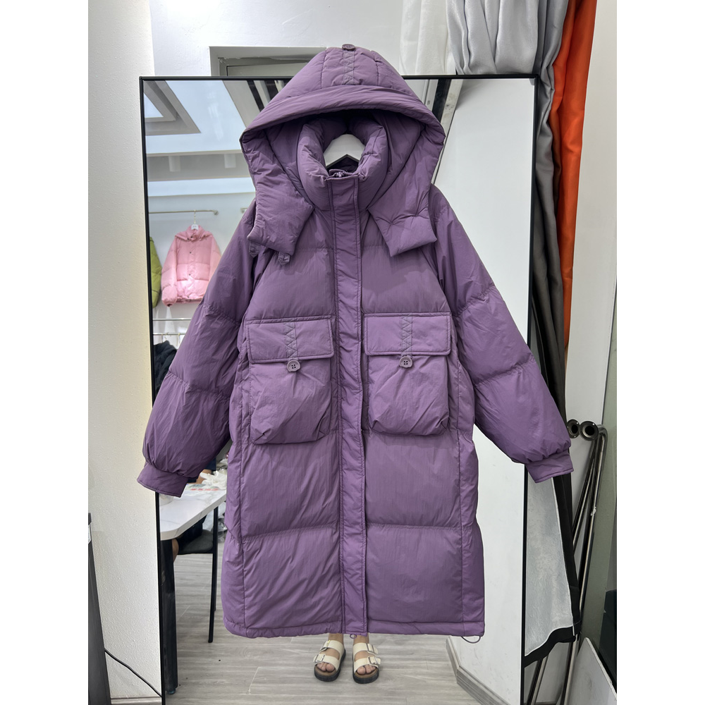 好客2023年韩版反季新款羽绒服女中长款连帽白鸭绒过膝加厚宽松