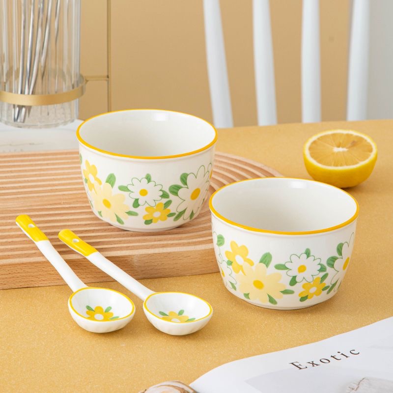 田园小雏菊4件套（2个4.5英寸碗+2个勺）颜值餐具小清新风碗勺餐