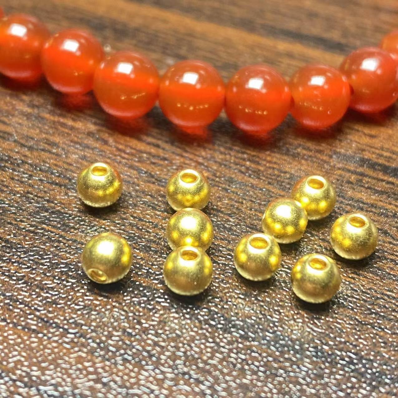 【直播专享】足金999金珠设计款卡4古法金珠10颗搭配好 玛 瑙链