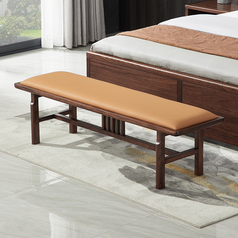 乌金木新中式床尾凳 现代简约轻奢真皮长条凳床边休闲坐椅条凳