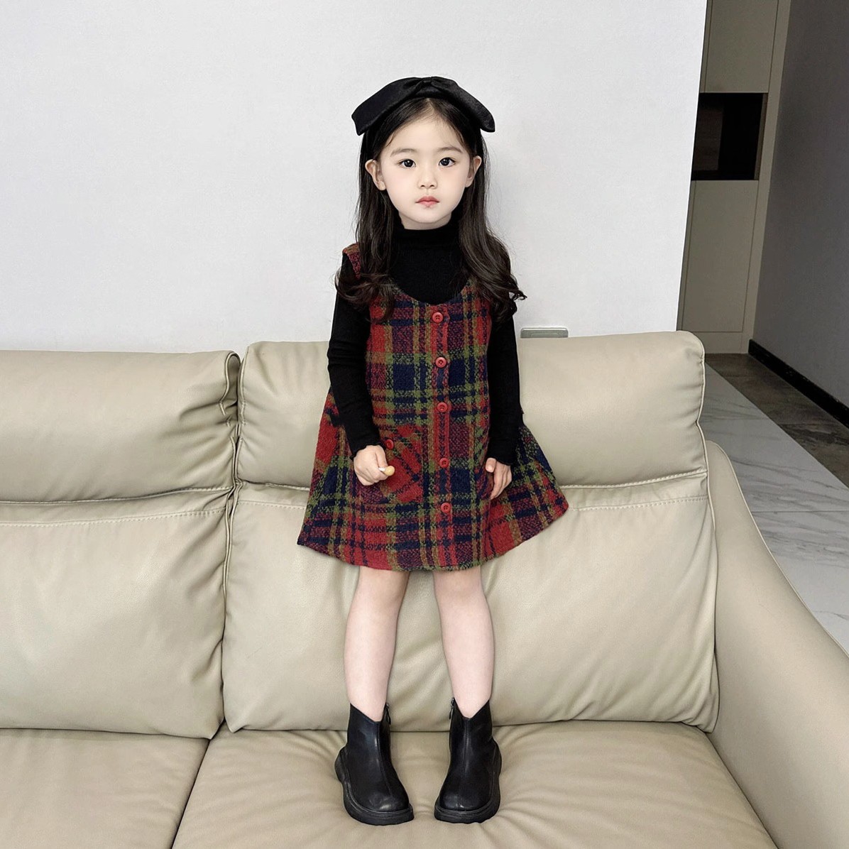 【小扬哥推荐】童装2023女童秋冬格纹毛呢背心裙子女宝宝韩版可爱Z