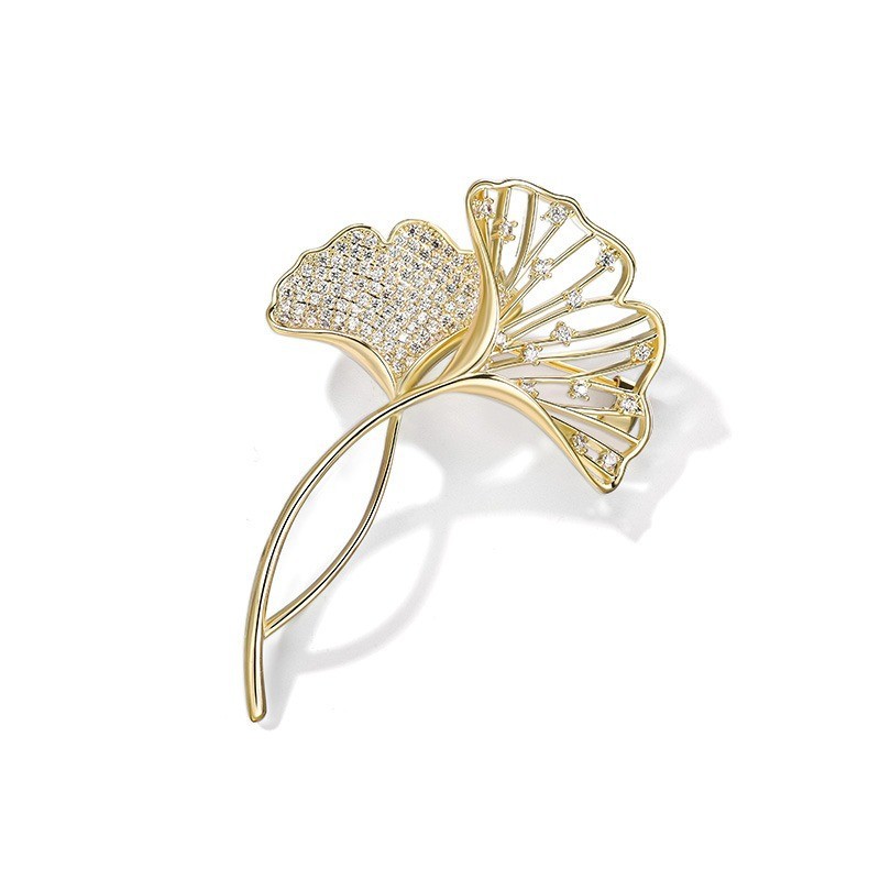 合金合成锆石胸针 双头银杏叶胸针气质高档别针时尚百搭精致优雅