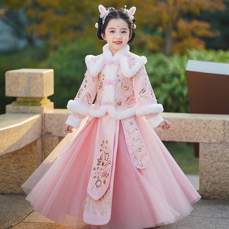 女童汉服冬装儿童装冬季唐装2023新款套装连衣裙古装拜年服装公主