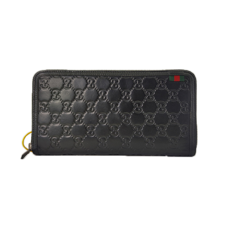 95新 GUCCI/古驰 黑色男女士双G压纹皮革拉链长款钱包带卡槽