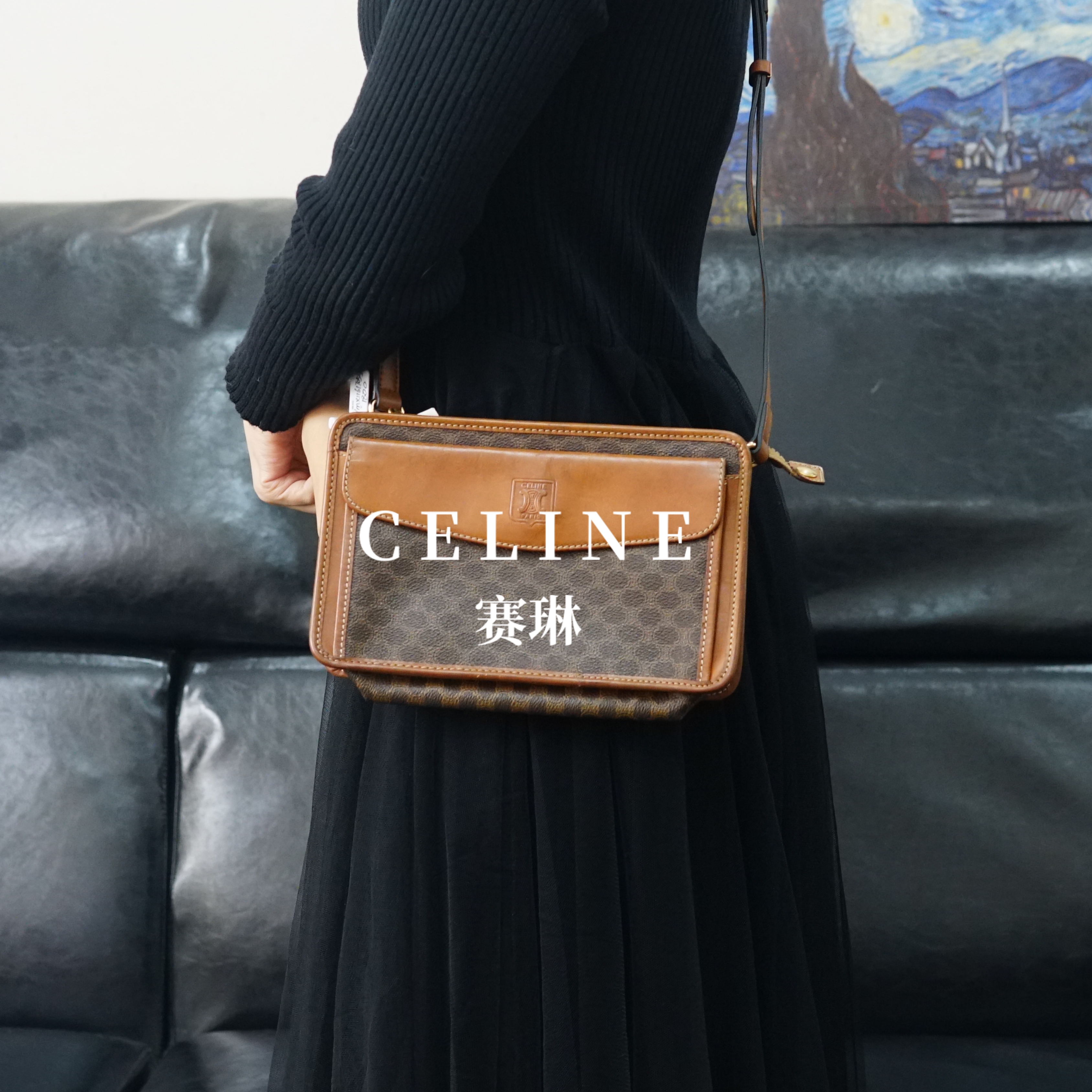 95新 Celine/思琳 老花拼皮斜挎包/FYMX11617054/7054