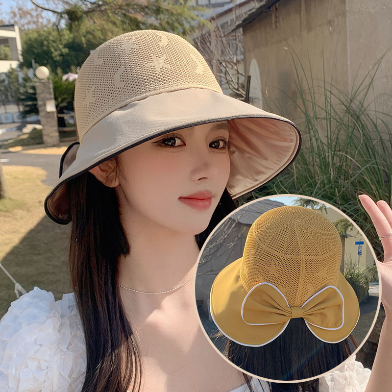 夏季女士百搭防晒渔夫帽透气可折叠蝴蝶结这样显脸小盆帽海边草帽