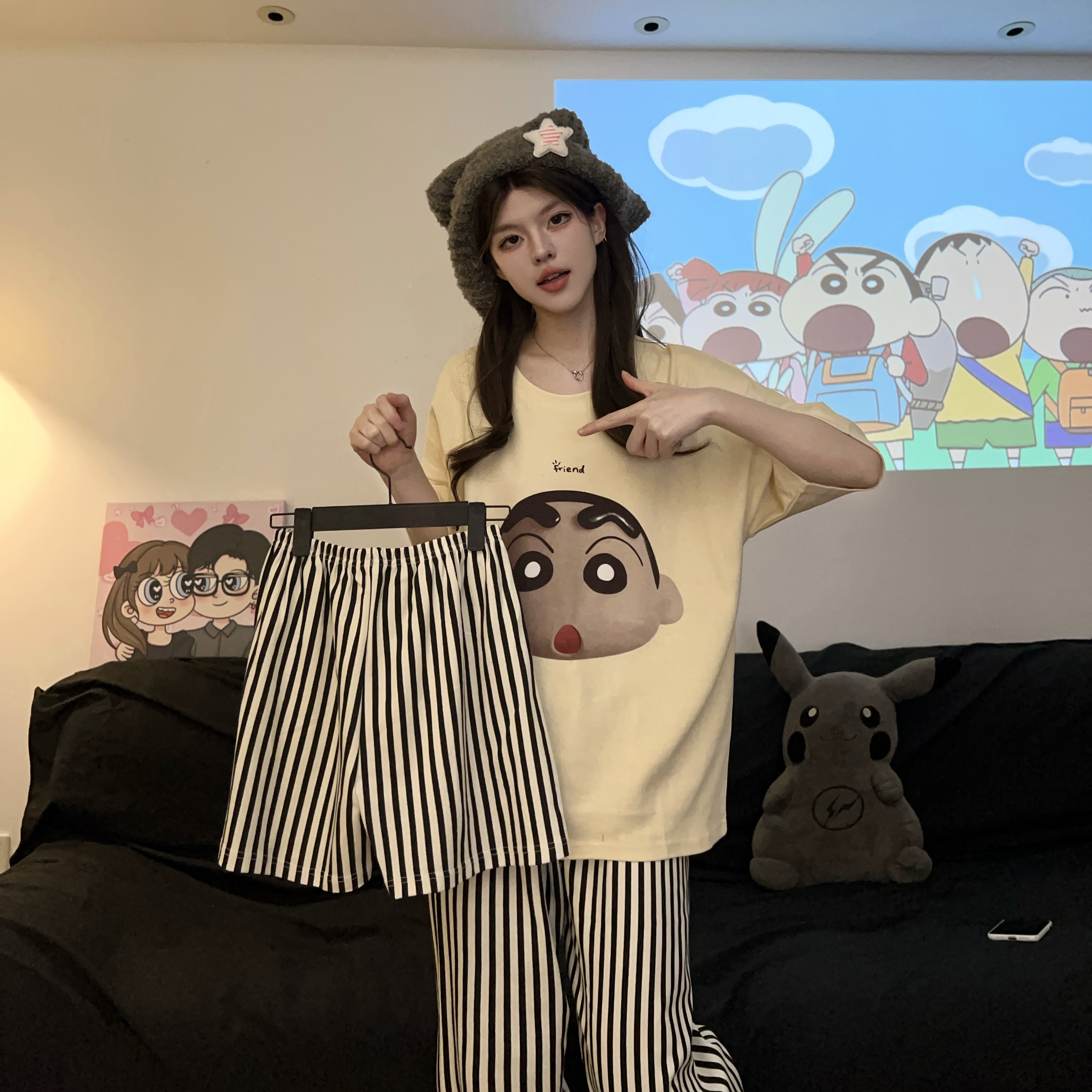【大头小新】网红睡衣韩国卡通女夏季短袖短裤家居服三件套装甜美风