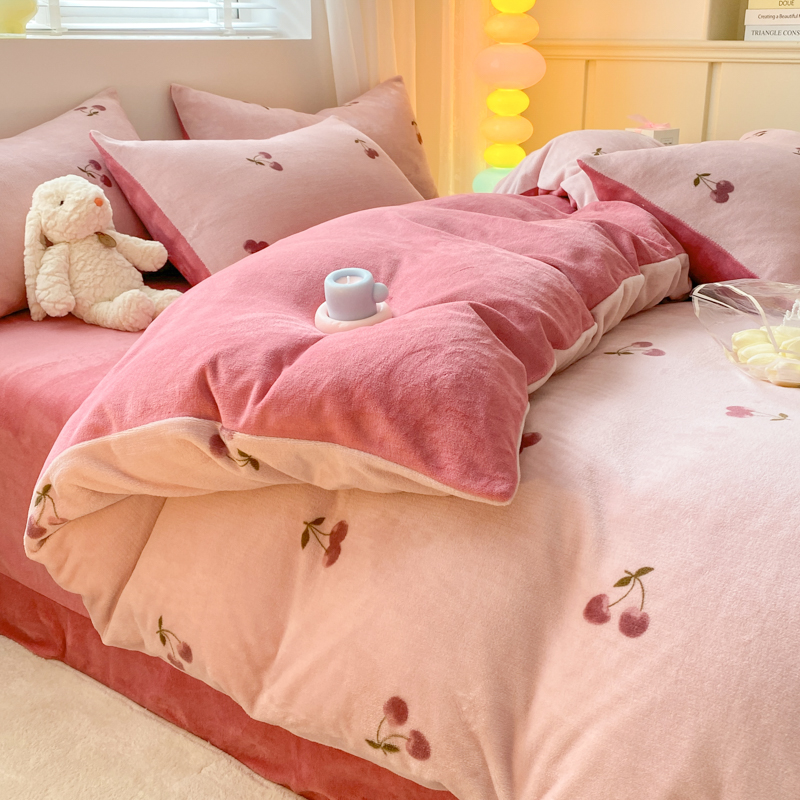 小清新风牛奶绒四件套冬款加厚珊瑚法兰绒被套床单加绒床上三件套