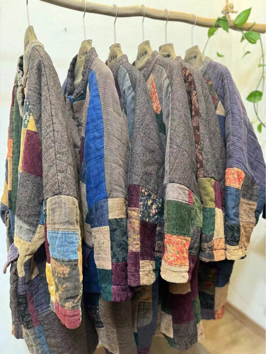 忆古朴拙小众设计复古百家布中长款冬季拼色棉服棉衣