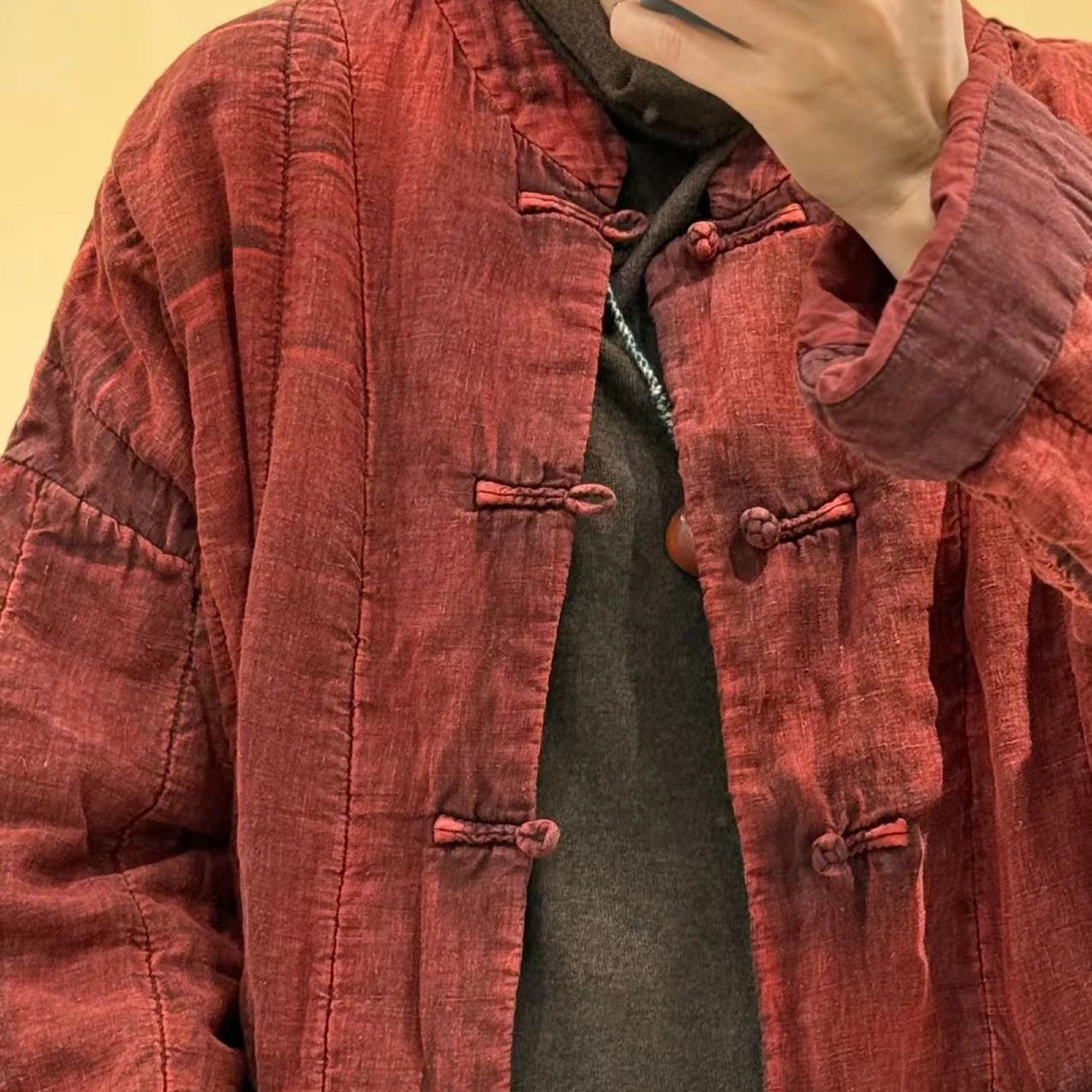 古兰木2024新款亚麻植物染棉麻式立领盘扣复古红色