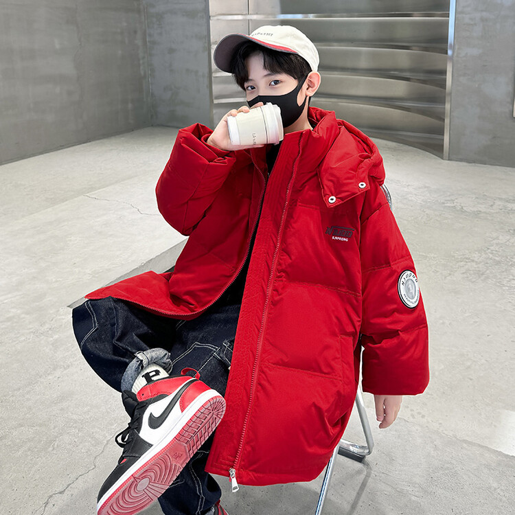 男童冬季羽绒服中长款2023新款儿童加厚外套本命年红色中大童男孩
