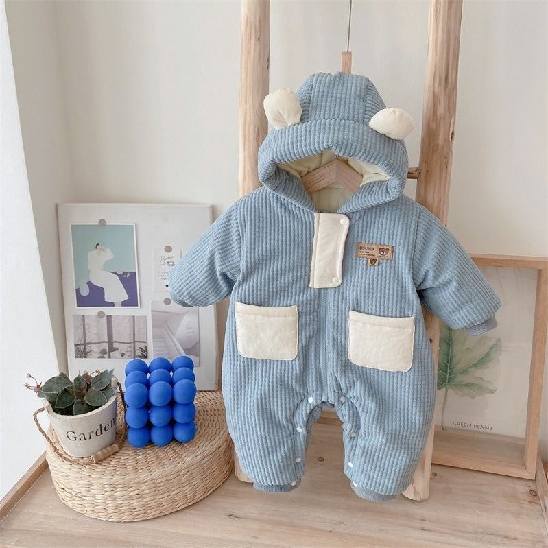 婴儿冬装夹棉连体衣加绒加厚哈衣宝宝冬季保暖爬爬服外出棉服抱衣