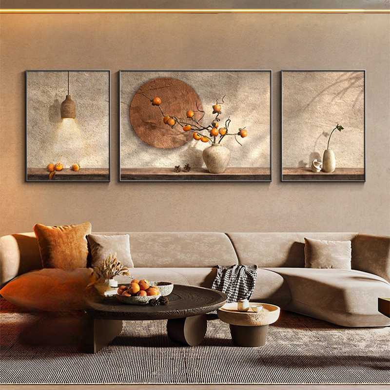 事事如意柿子画客厅装饰画日式侘寂风沙发背景墙挂画高级感三联画