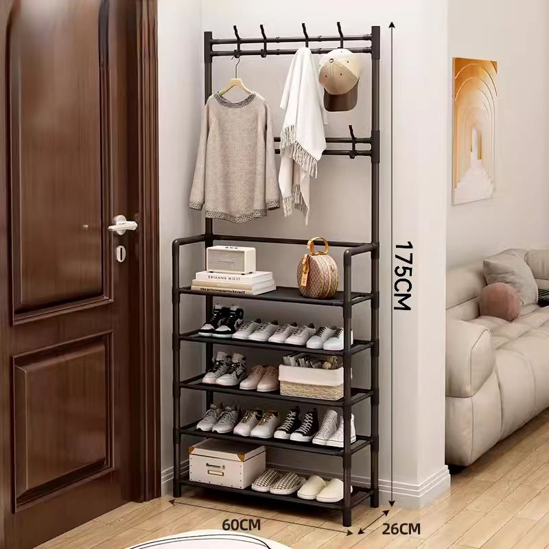 【5层鞋帽一体架】简易多层鞋架子防尘家用立式衣柜包架落地衣帽架