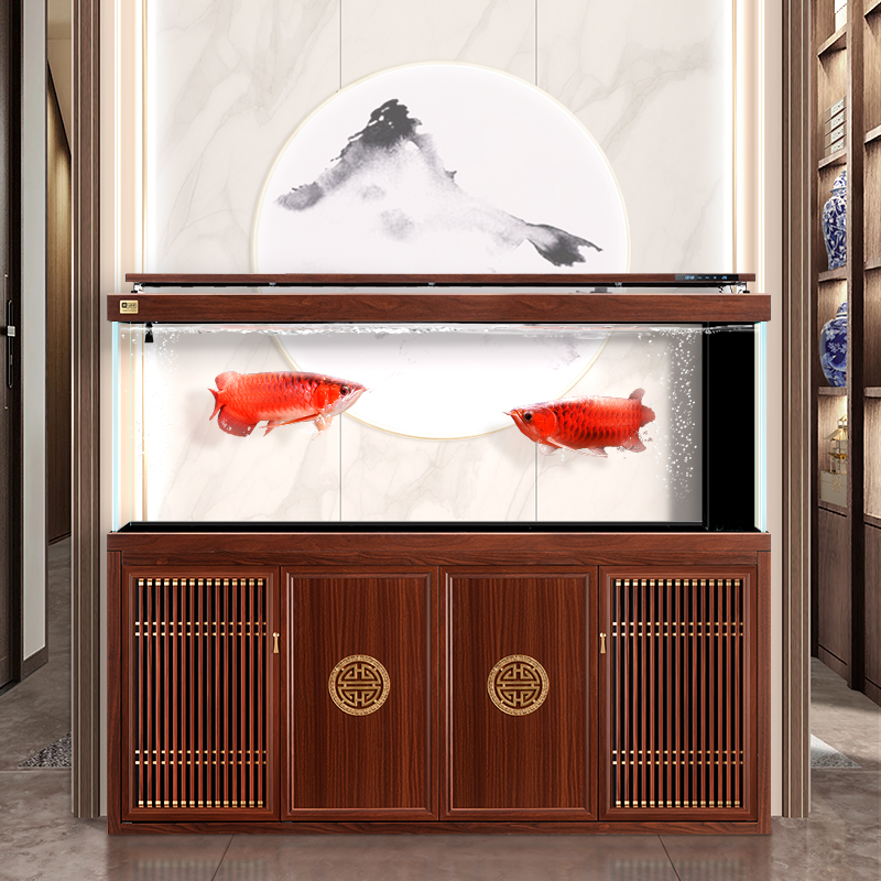 yee新中式风实木色龙鱼缸办公室造景专业级底过滤大型生态水族箱