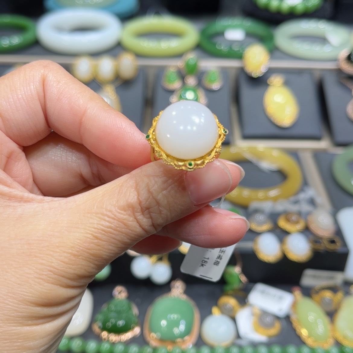 【闪购商品】和田玉新疆山流水羊脂白玉戒指18k金18K金镶嵌泓**击