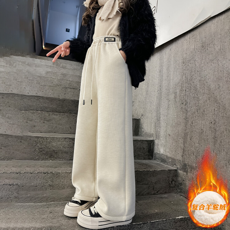 女童加绒裤子2023新款加厚羊羔绒冬季窄版阔腿裤中大童宽松休闲裤