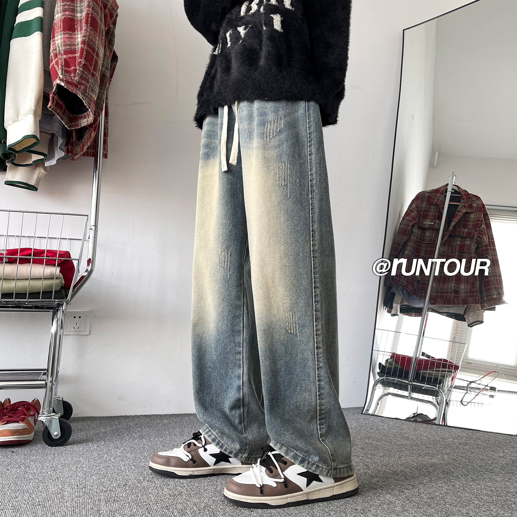 美式oversize牛仔裤男士秋冬垂坠感宽松阔腿裤潮牌痞帅休闲直筒裤