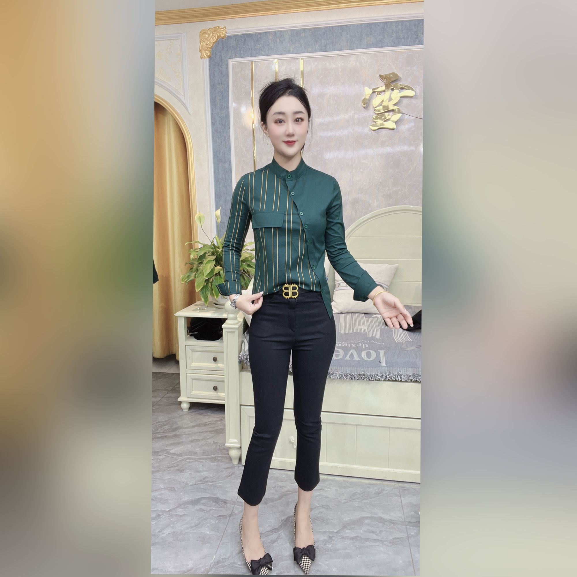 (6931)雪颖家2024年秋季新款双拼气质简约百搭通勤风斜襟女衬衫