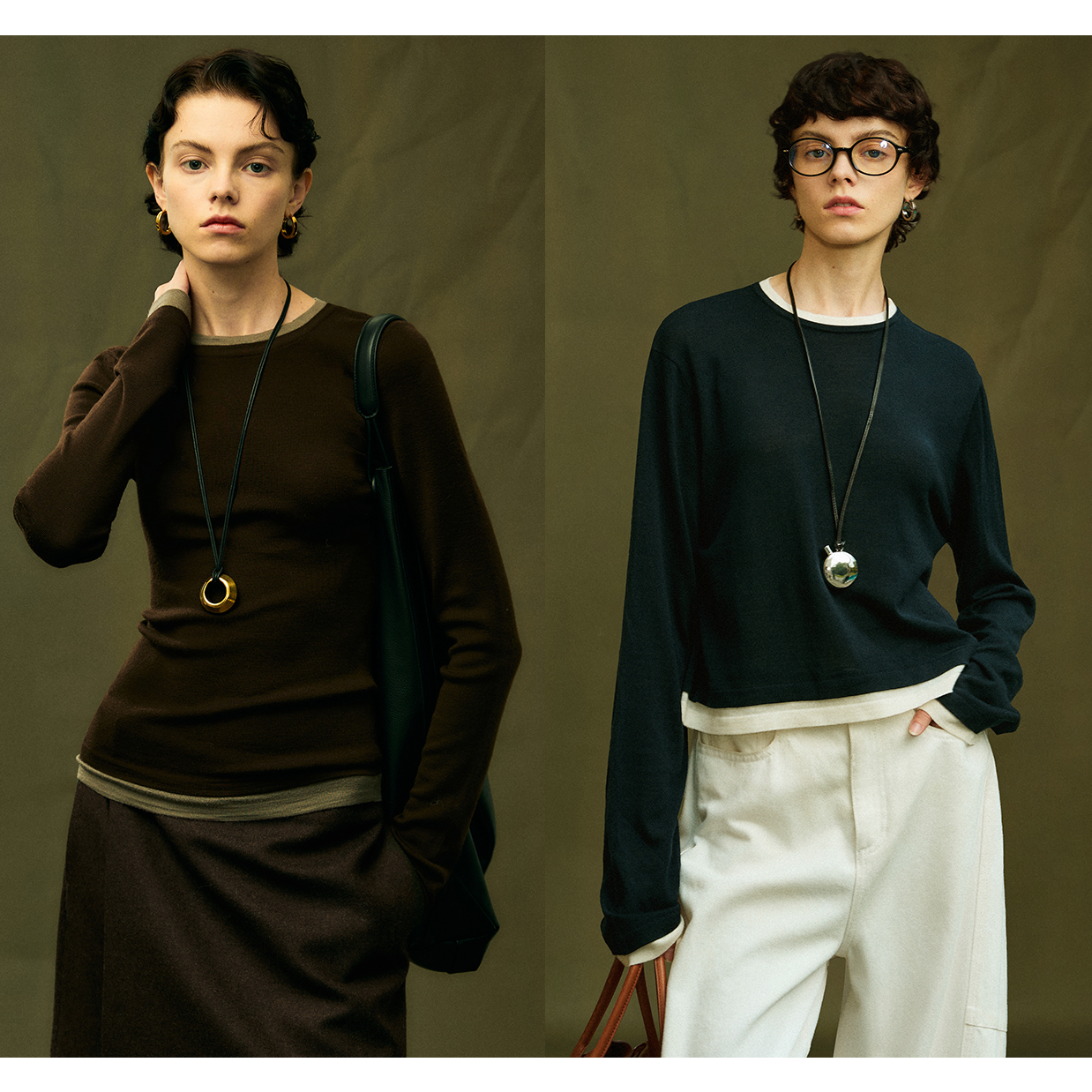 KEIGAN/开间德国BIELLA120s可水洗撞色假两件多领针织打底百搭