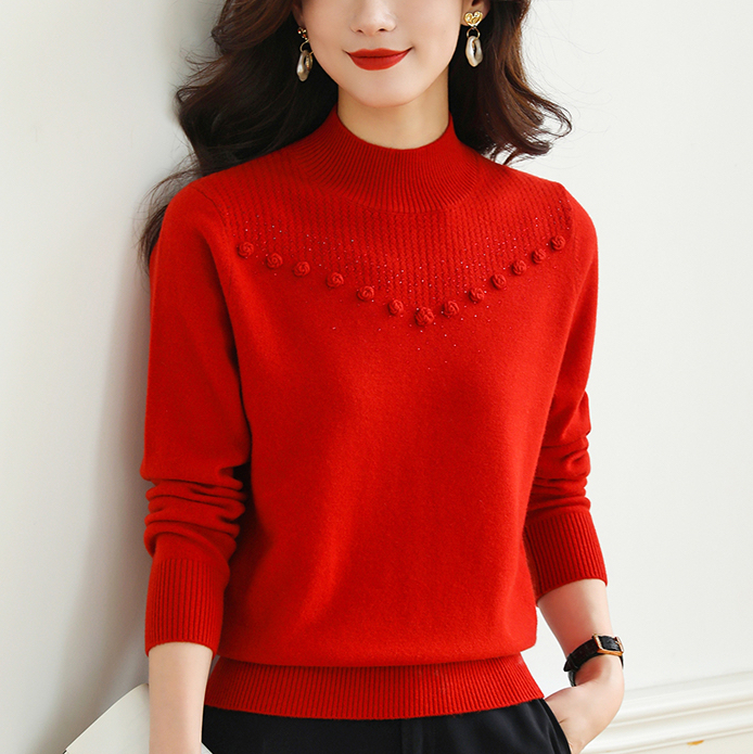 全羊毛新年红女士毛针织衫正品正宗纯羊毛羊绒加厚高端红色J8733