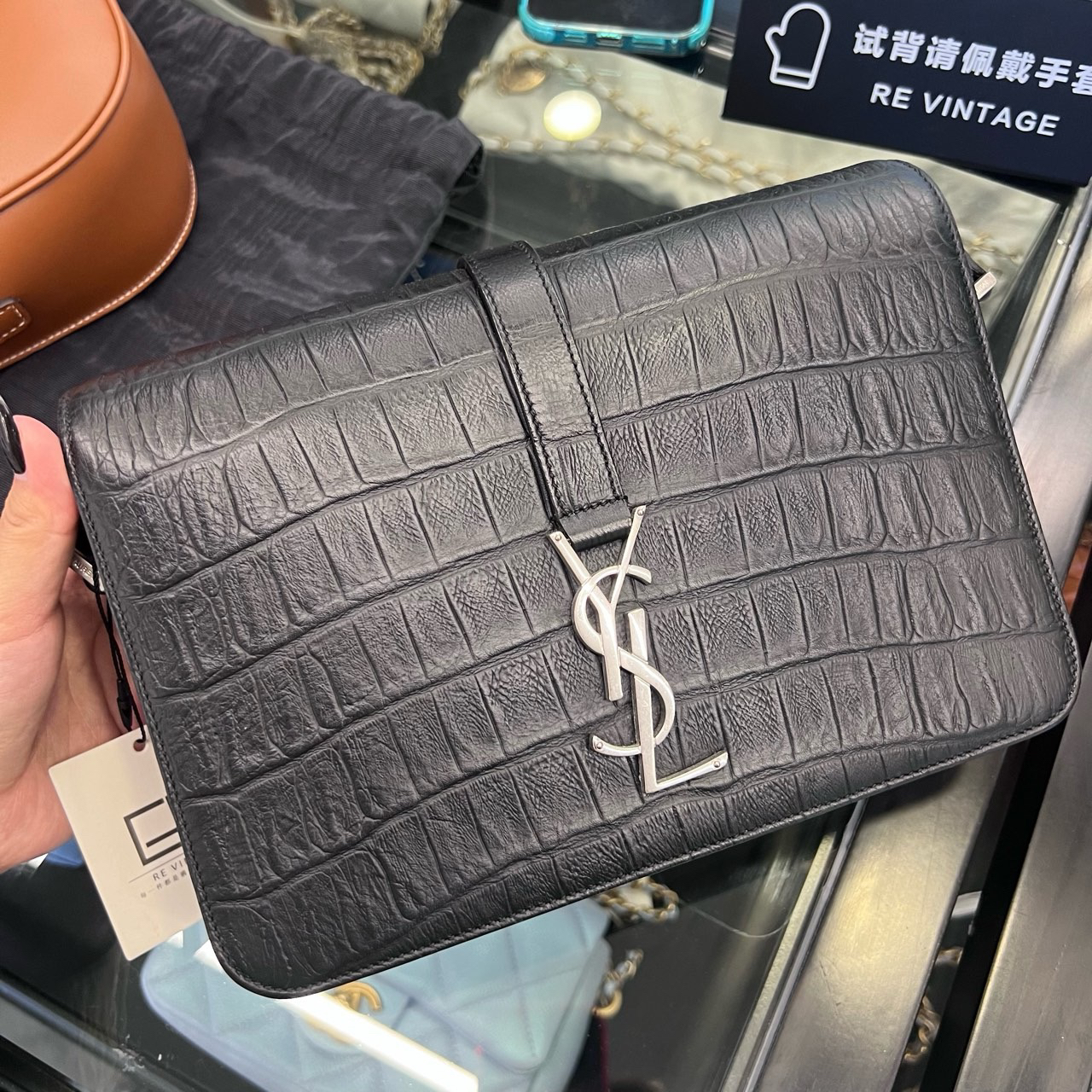 99新 YSL/圣罗兰 压鳄纹黑银公文斜挎包