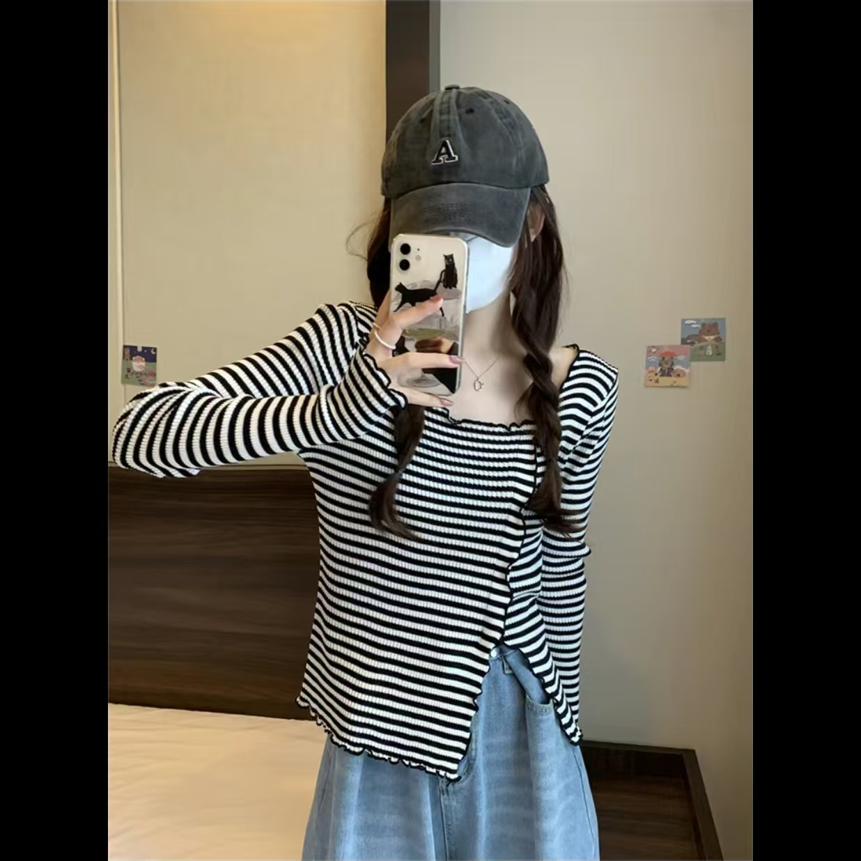 2024内衬打底春秋不规则打底衫修身条纹设计感T恤