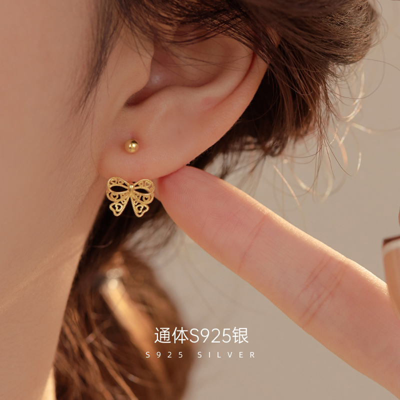 金美澳 925银耳饰 蝴蝶结耳钉螺丝拧扣耳环气质轻奢网红款2025年