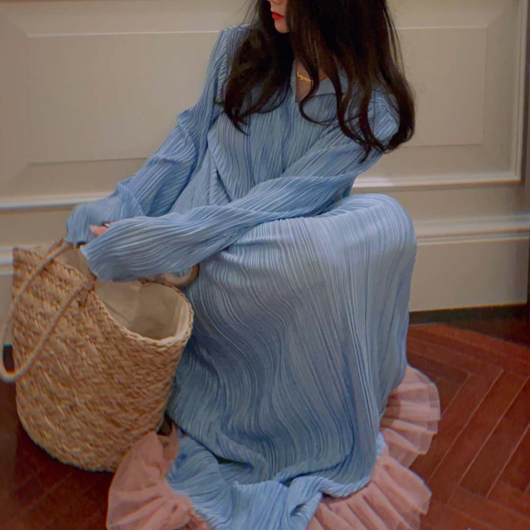 yanyan【怦然】雾蓝显瘦慵懒长袖宽松简约连衣裙长裙裙子夏季气质