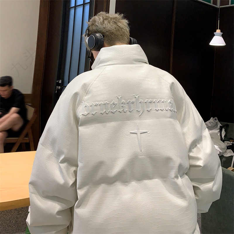 港风宽松韩版仿鳄鱼pu皮衣钢印棉服外套男冬季保暖美式高街潮牌