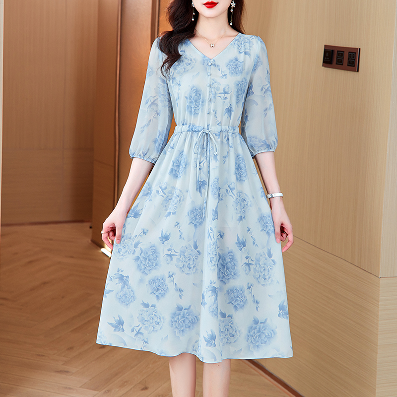 2025新款气质显瘦连衣裙女收腰中长款碎花裙子J2487