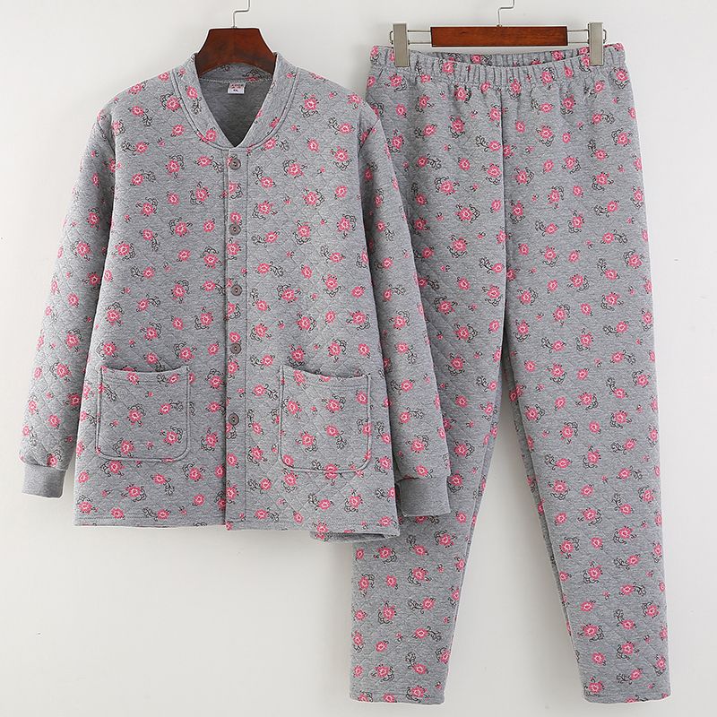 中老年三层夹棉保暖内衣套装女纯棉加厚妈妈对襟开衫老人家居服