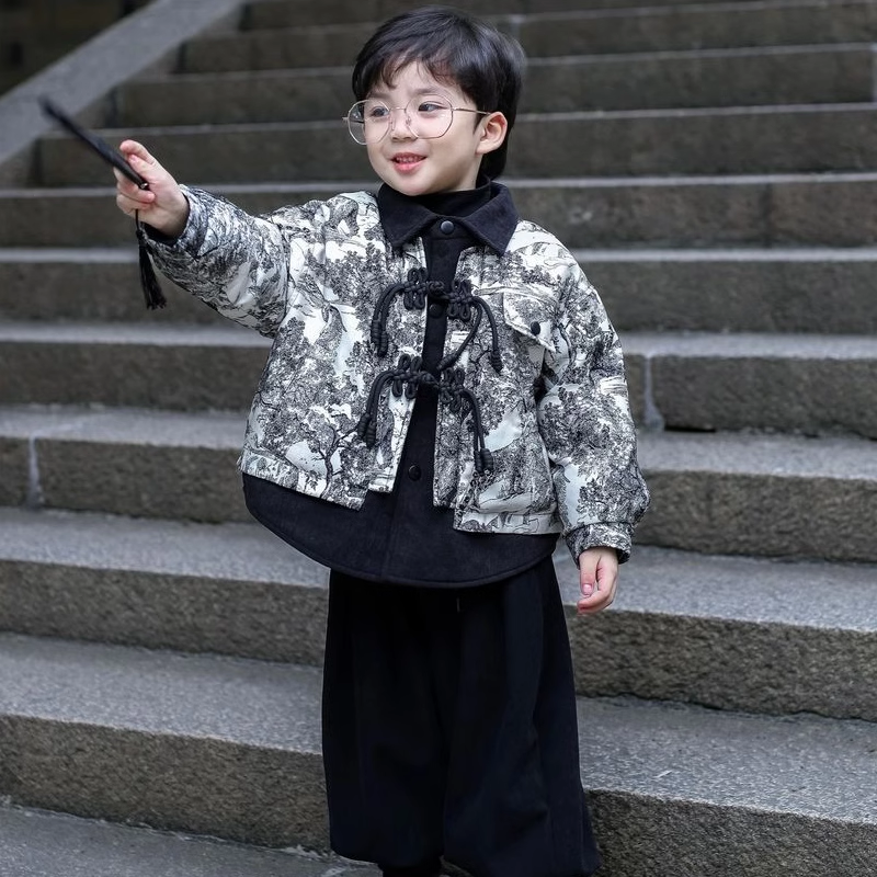 男童棉衣2023冬款新款中小童红色年服国风水墨潮宝宝棉服外套
