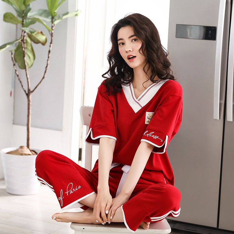 韩版棉睡衣女夏季短袖长裤休闲大红色本命年洋气家居服外穿套装