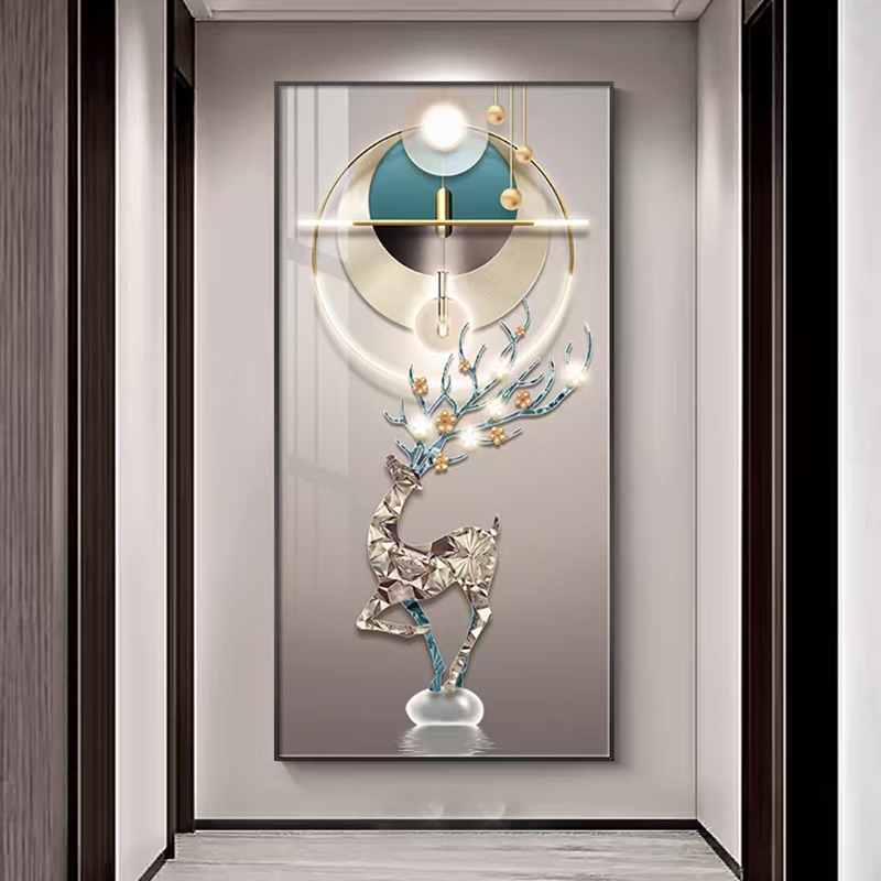 轻奢入户玄关装饰画进门客厅走廊过道挂画新款大气麋鹿竖版墙壁画