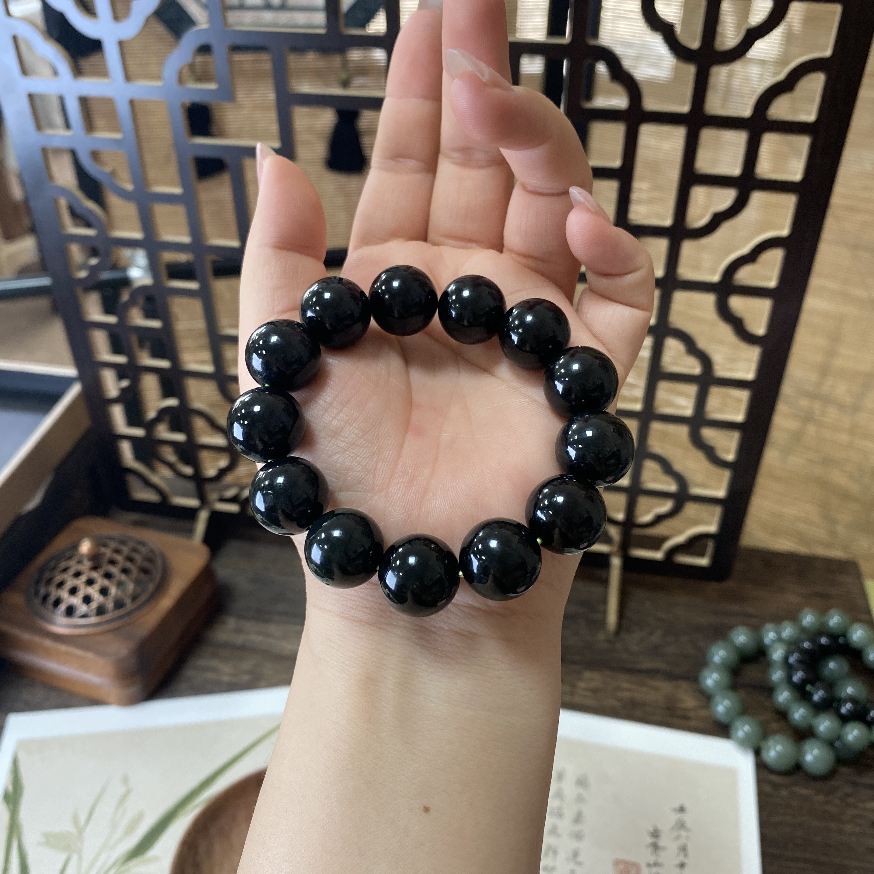 和田玉黑青手串塔青手链手工圆珠卡16男士情侣