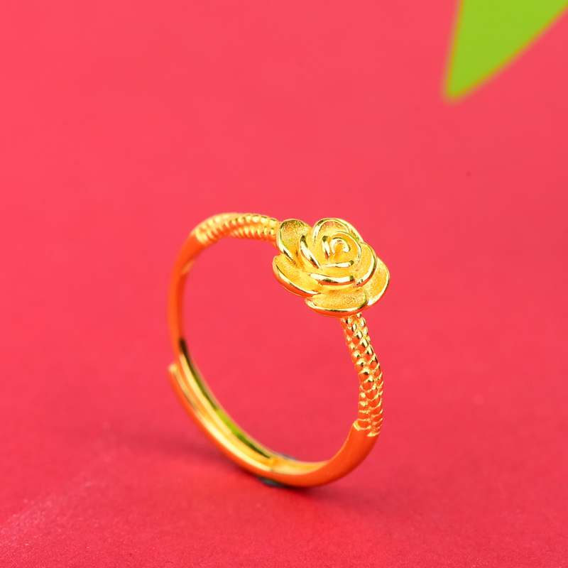 足银戒指 【鑫品】-足银金色女款时尚玫瑰花开口戒指金枝玉叶精美