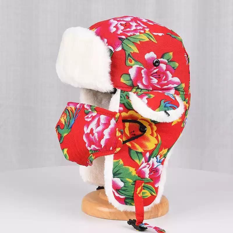 东北大花布雷锋帽男女冬季保暖加绒加厚火车头帽东北雪乡保暖装备