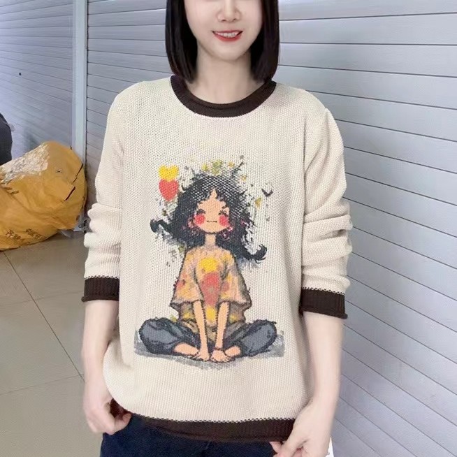 新款圆领简单百搭卡通美女图针织毛衣309款