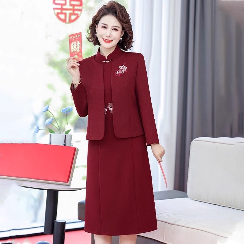 婚礼妈妈礼服高贵旗袍中老年女春秋喜婆婆婚宴装中式连衣裙两件套