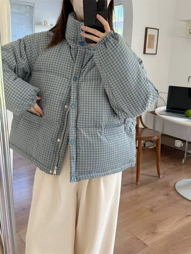 复古宽松格子立领外套女2024冬季韩版保暖上衣