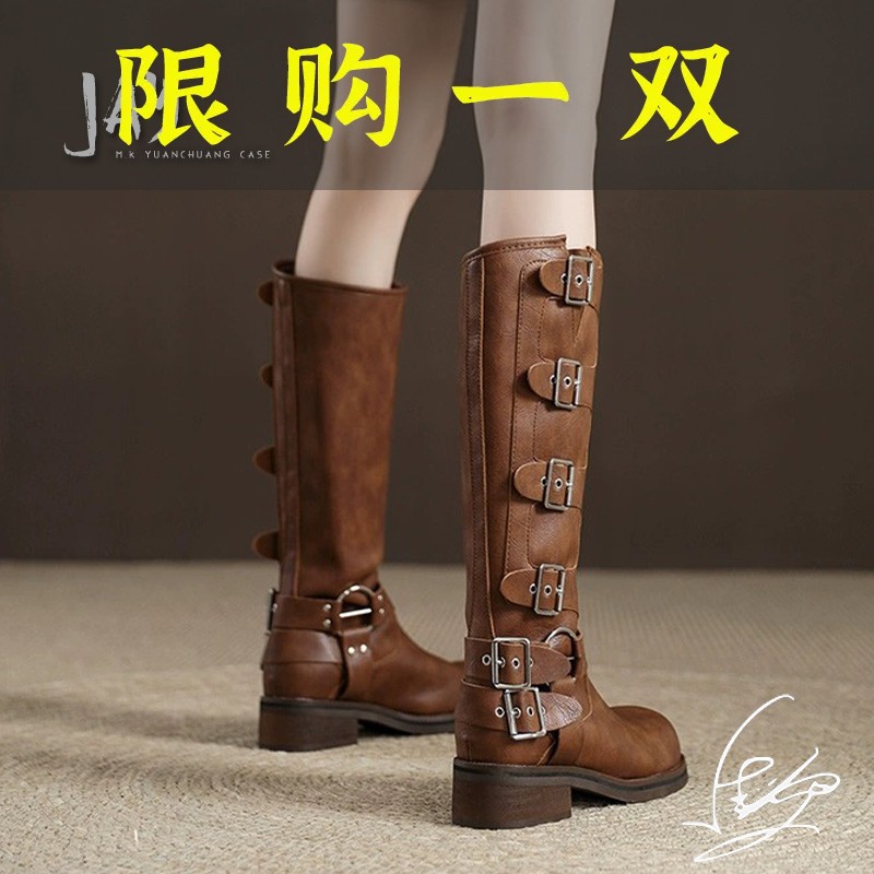 百丽纯爱棕色西部靴女不过膝长靴真皮复古皮带扣粗跟厚底高筒骑