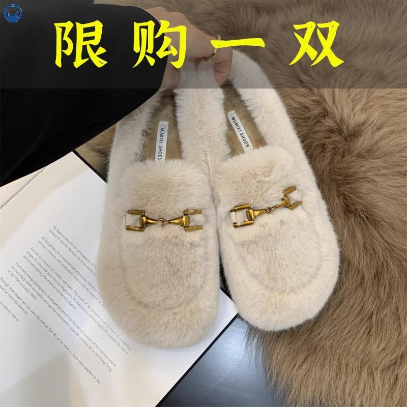 达芙妮沿荐毛毛鞋女外穿2023年新款秋冬加绒豆豆鞋爆款保暖白色