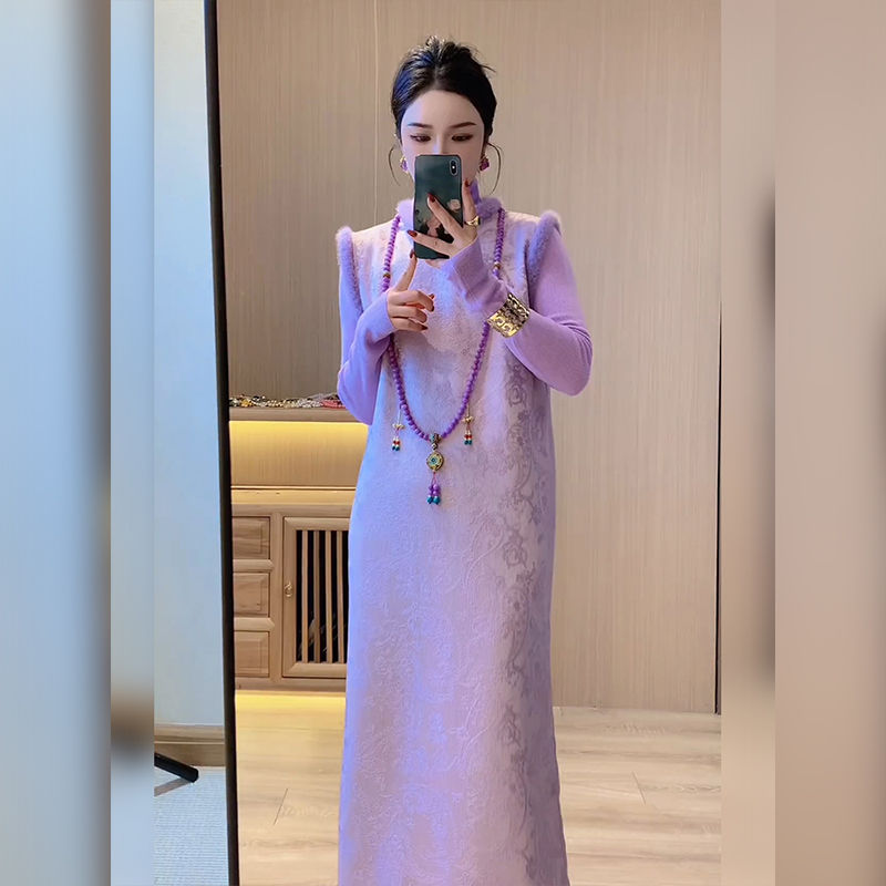 加绒加厚新中式女装今年流行漂亮套装裙紫色国风旗袍背心裙两件套