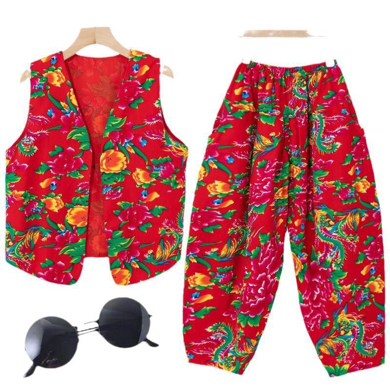 从小卖蒸馍东北大花布马甲灯笼裤套装秧歌服广场舞二人转服饰