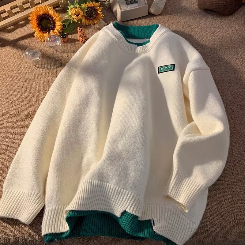 学生情侣加厚新款假两件毛衣男女秋冬款潮男感宽松加绒针织衫