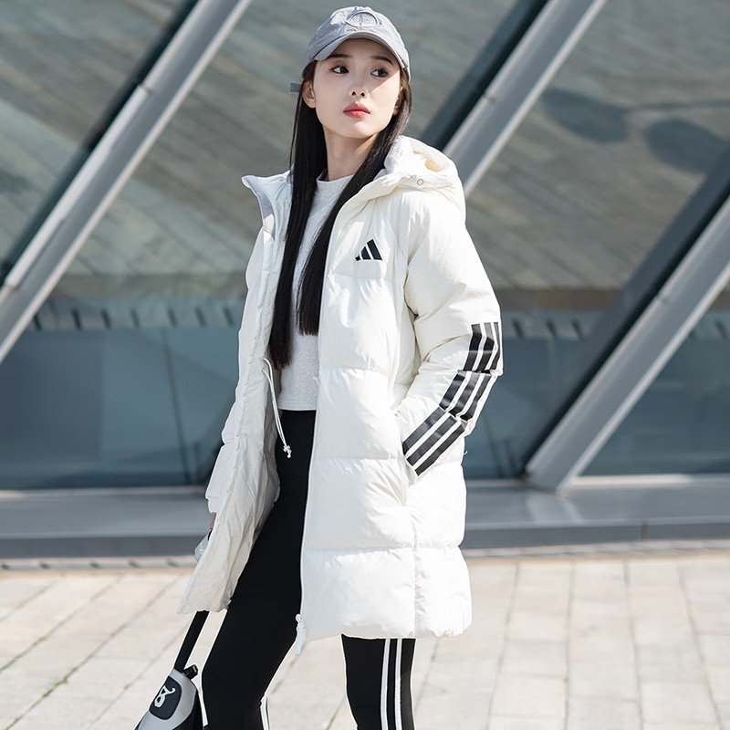 阿迪达斯中长款连帽羽绒服女冬季户外拒水保暖外套运动服JG3856